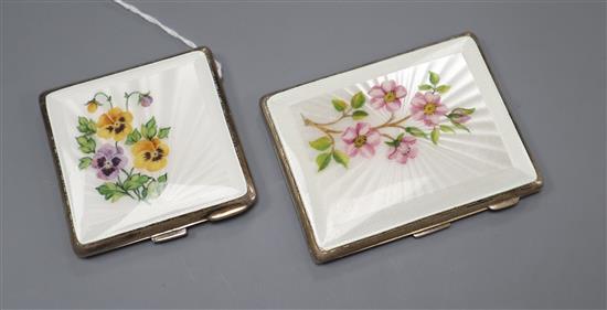 A 1930s silver and enamel compact and cigarette case, largest 85mm.